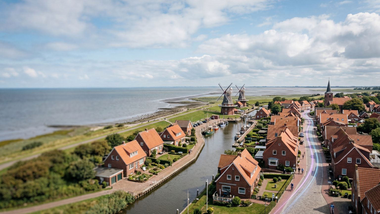 Luftaufnahme eines kleinen norddeutschen Dorfes mit einem Kanal, traditionellen Häusern und Windmühlen im Hintergrund. Die Straße ist durch farbige Linien markiert, die Glasfaserverlegung symbolisieren.